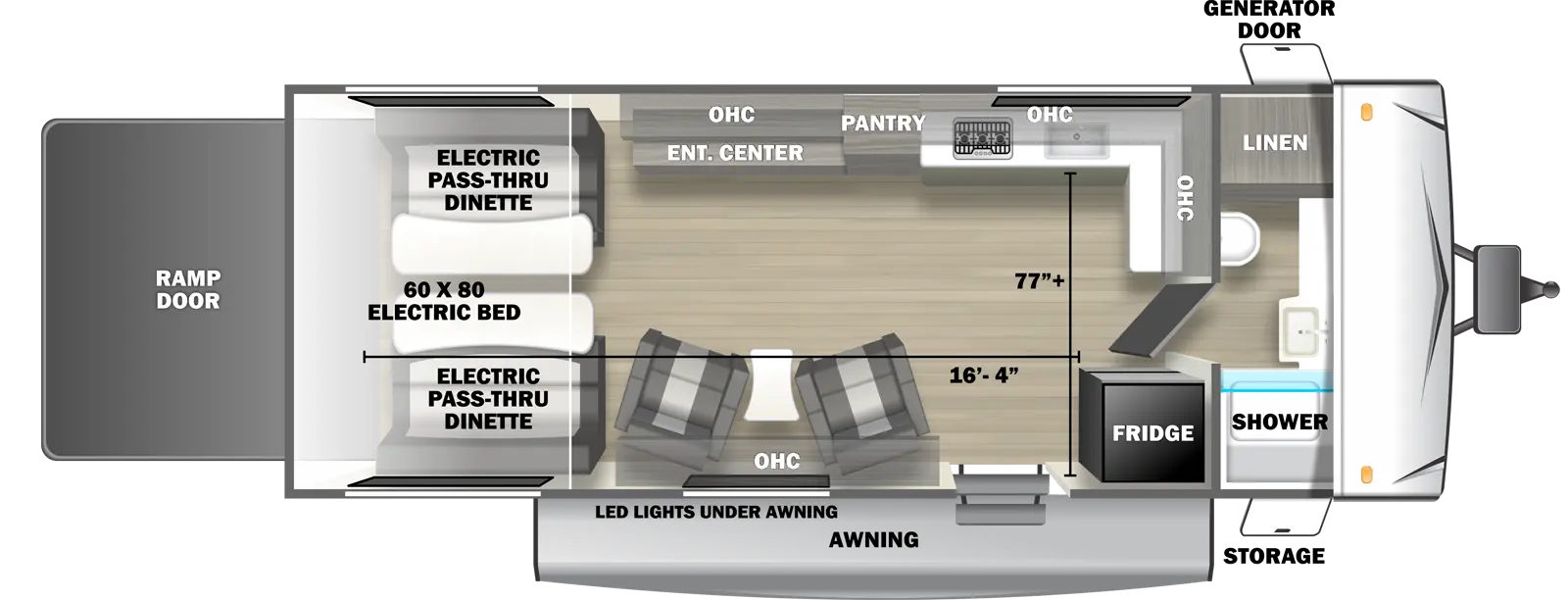 The 2450RLX travel trailer has no slide outs, 1 entry door and 1 rear ramp door. Exterior features include an awning with LED lights, front door side storage and front off-door side generator door. Interior layout from front to back includes: front bathroom with linen storage, toilet, countertop, sink and shower; kitchen with refrigerator next to entry door, L-shaped off-door side countertop with overhead cabinets, stovetop, and kitchen sink; off-door side pantry; 2 door side recliners with end table; off-door side entertainment center across from the recliners; and rear electric 60 x 80 bed with opposing side electric pass-through dinette. Cargo length from rear of unit to refrigerator is 16 ft. 4 in. Cargo width from kitchen countertop to door side wall is 77 inches.